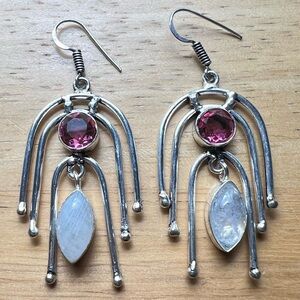 New Unique Large Moonstone Crystal w Sim Pink Topaz Silver Hook Dangle Earrings
